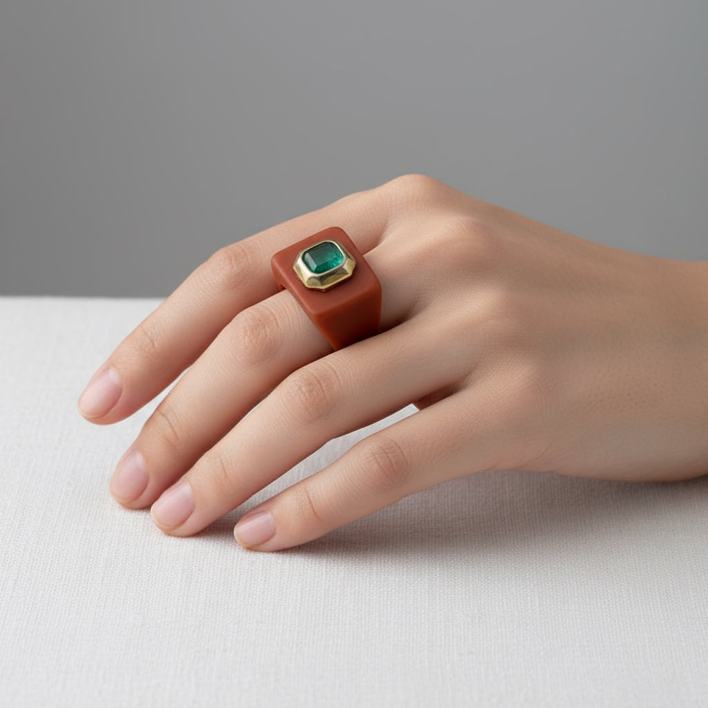 ÉMOLO RING WITH NATURAL STONES - CAMEL TERRA (SIZE 8)