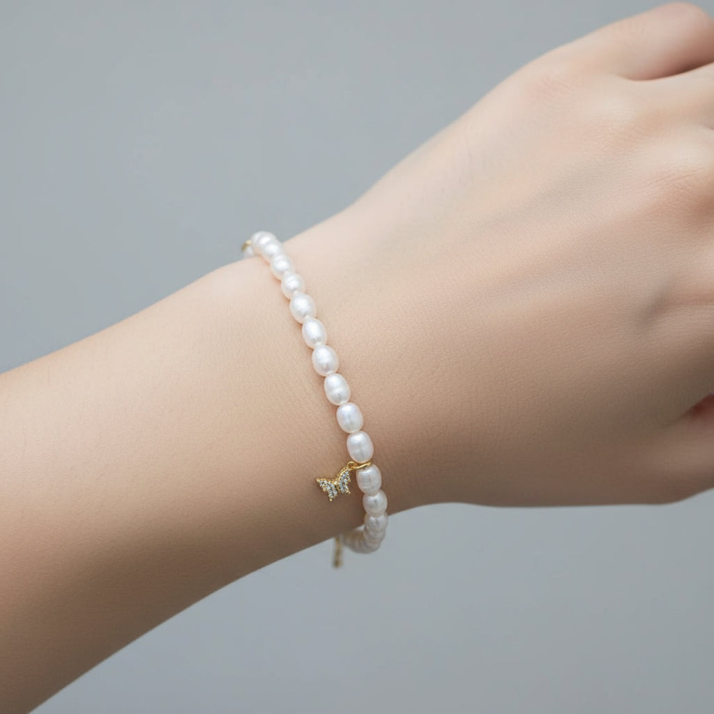 BUTTERFLY THIN FRESHWATER PEARLS ELASTIC BRACELET