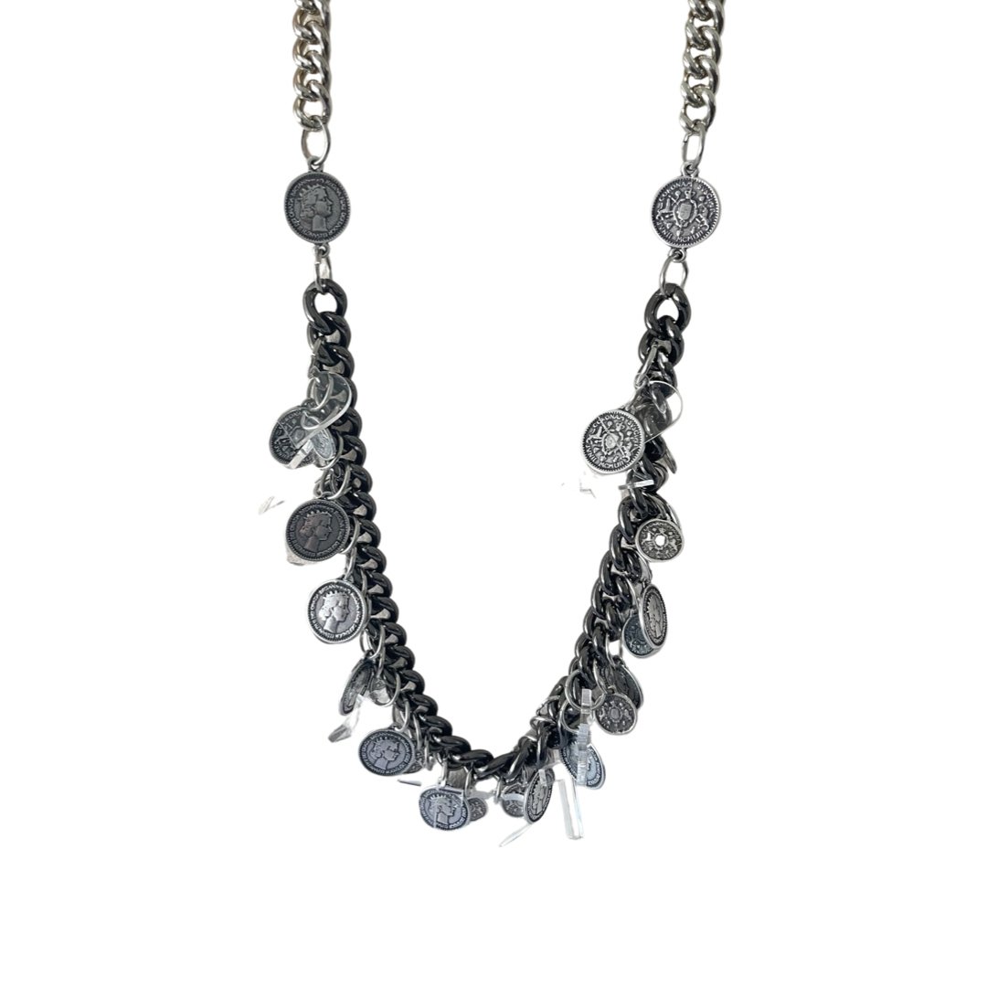 B.E. BLACK CHAIN LONG NECKLACE WITH COINS AND ACRYLIC CHARMS - Carol & Co Jewelry