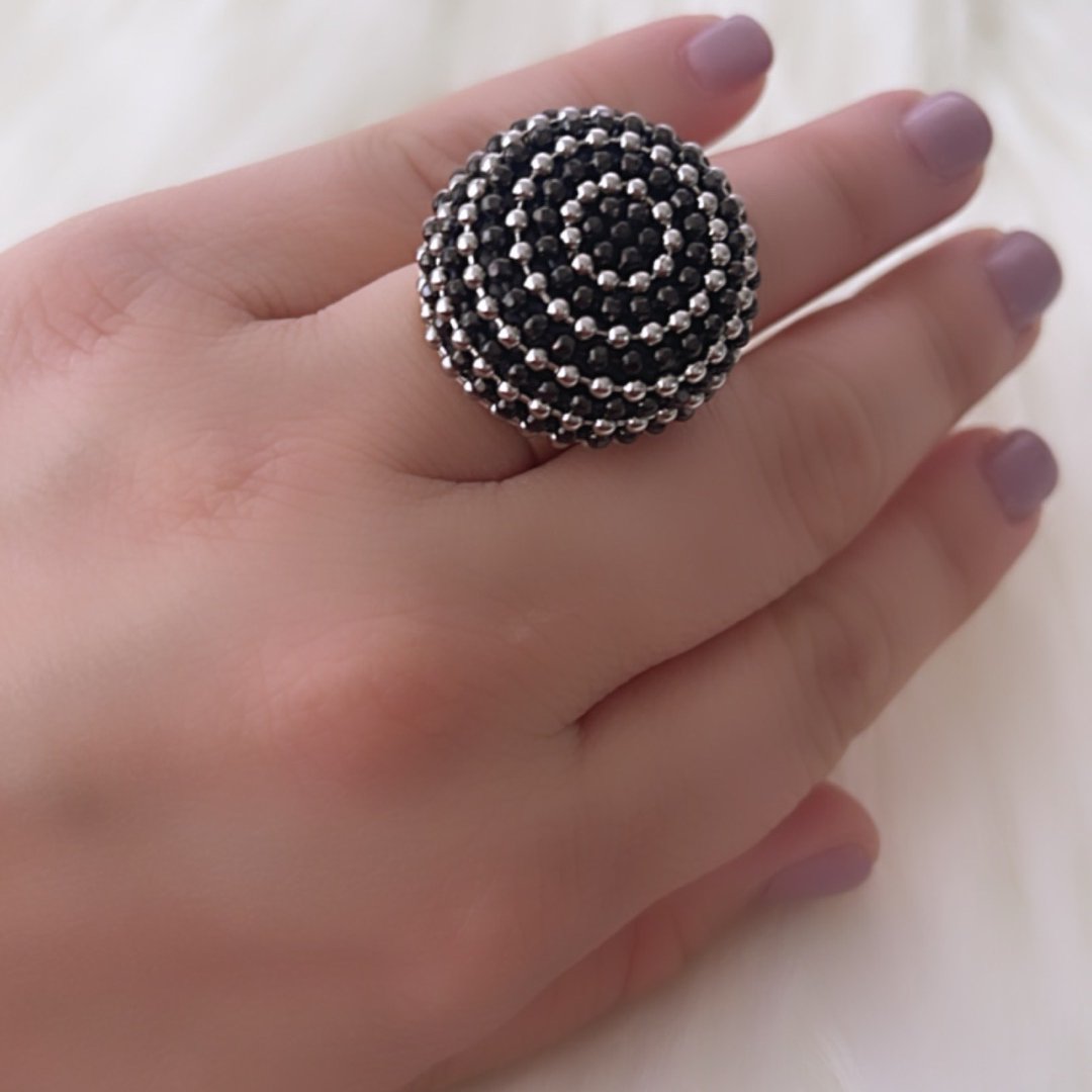 BLACK AND SILVER BALLS CHAIN RING BY B.E. - Carol & Co Jewelry