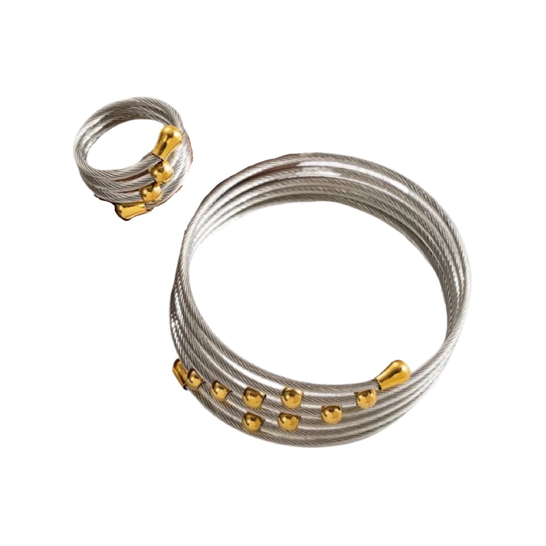 EMMA WRAPPED AROUND STAINLESS STEEL BRACELET AND RING SET - Carol & Co Jewelry