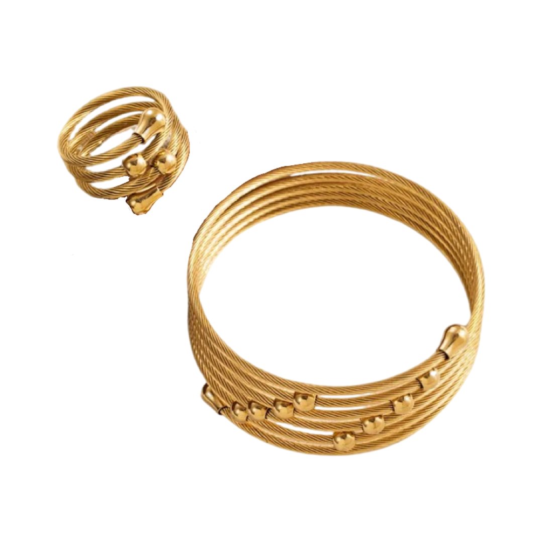 EMMA WRAPPED AROUND STAINLESS STEEL BRACELET AND RING SET - Carol & Co Jewelry