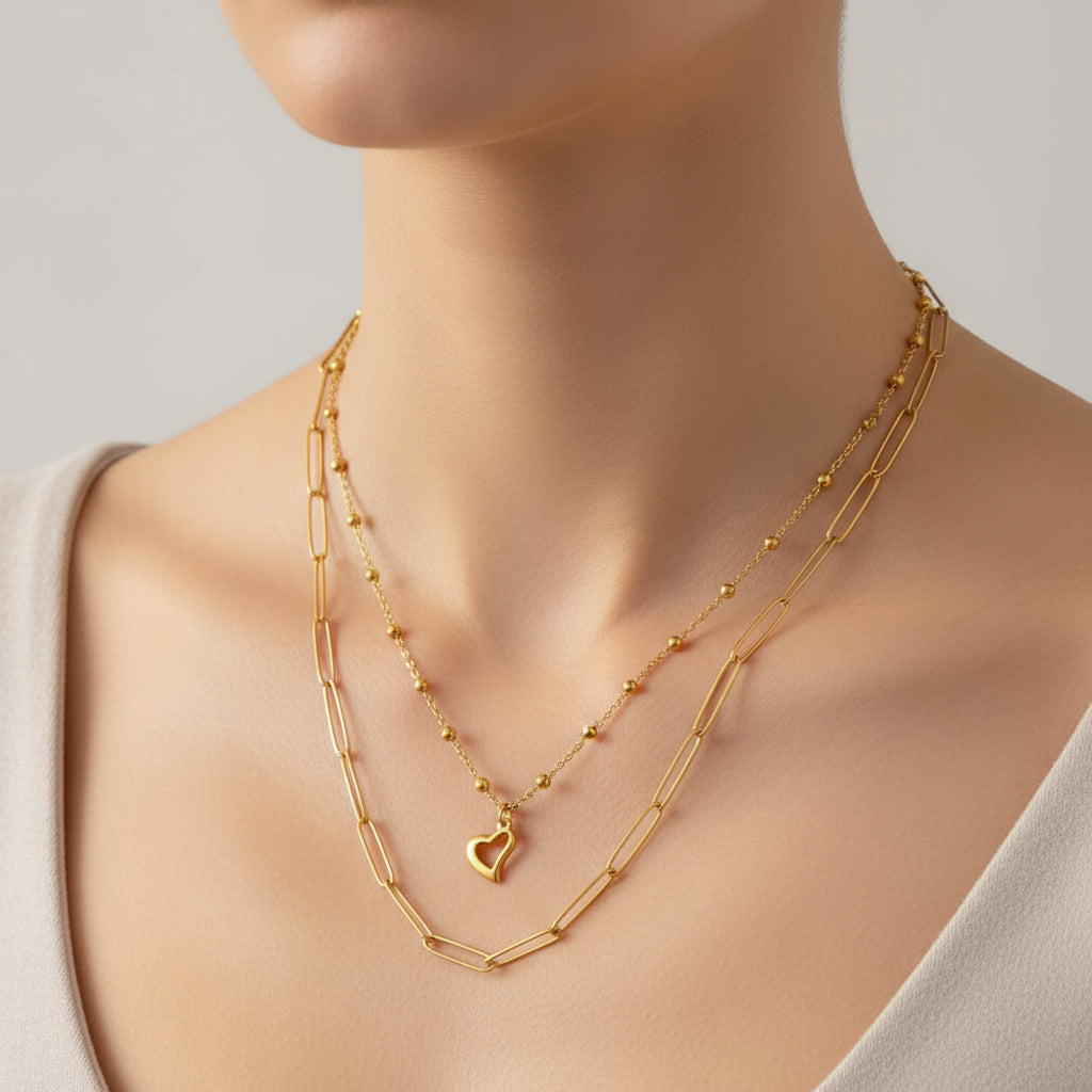 NATALIA STAINLESS STEEL DOUBLE LAYERED CHAIN HEART NECKLACE - Carol & Co Jewelry
