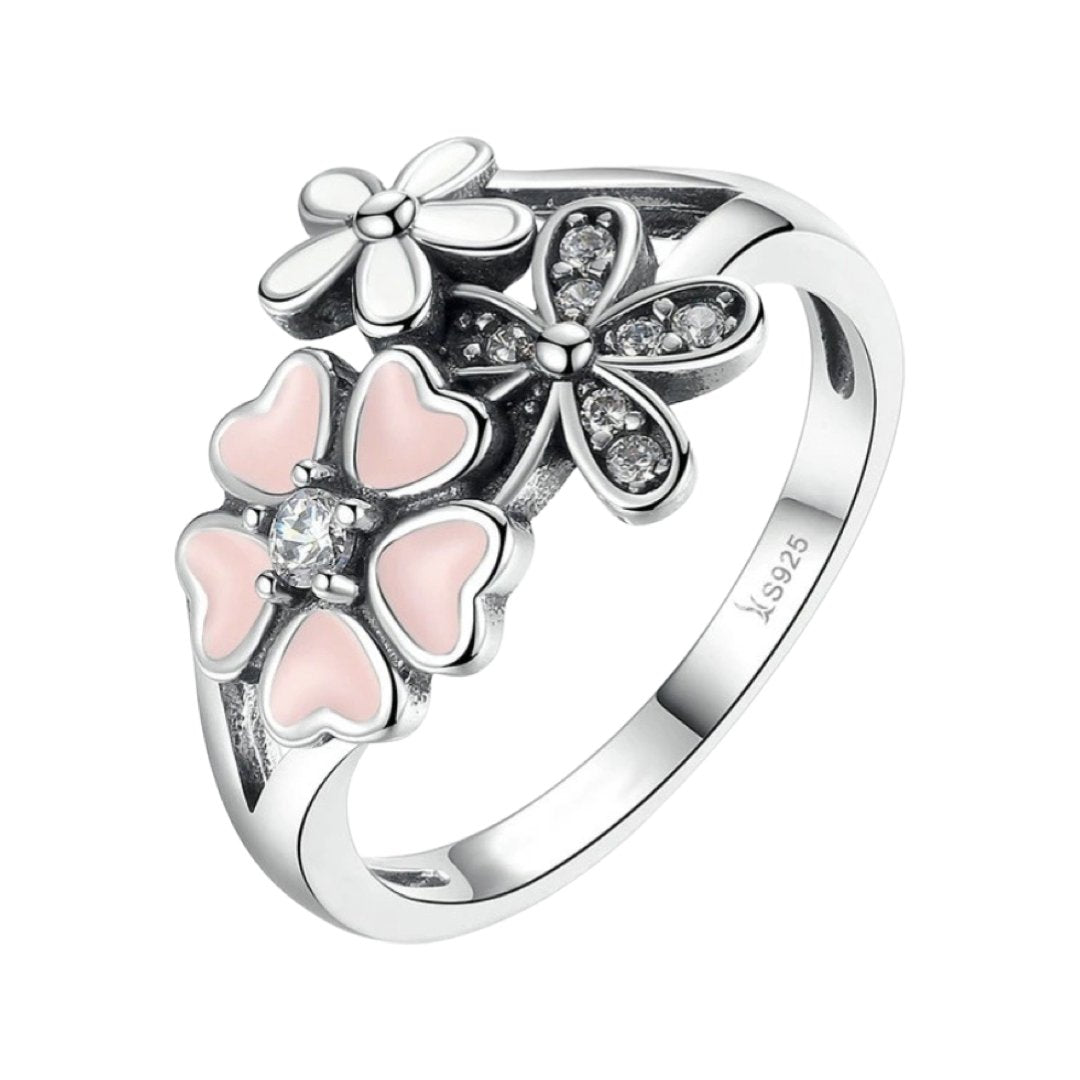 SILVER 925 PINK AND WHITE DASIES RING - Carol & Co Jewelry