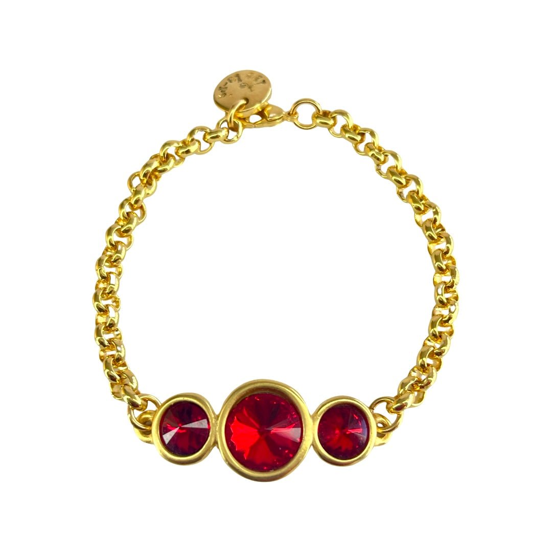 TRA-LA-RA STELAR RED CRYSTALS 24K GOLD ROLO CHAIN BRACELET - Carol & Co Jewelry