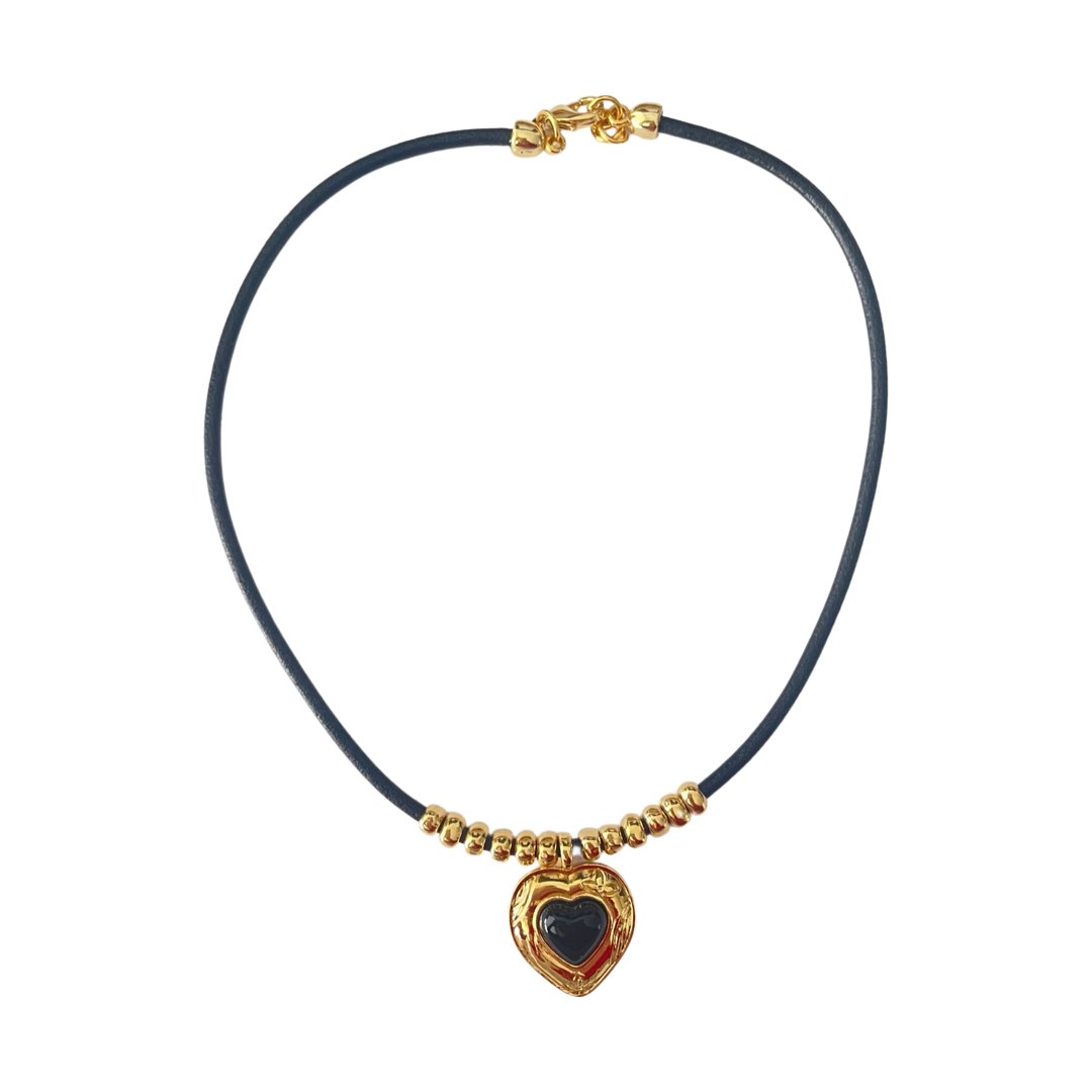 TUCCO BLACK MURANO CUORE HEART LEATHER NECKLACE