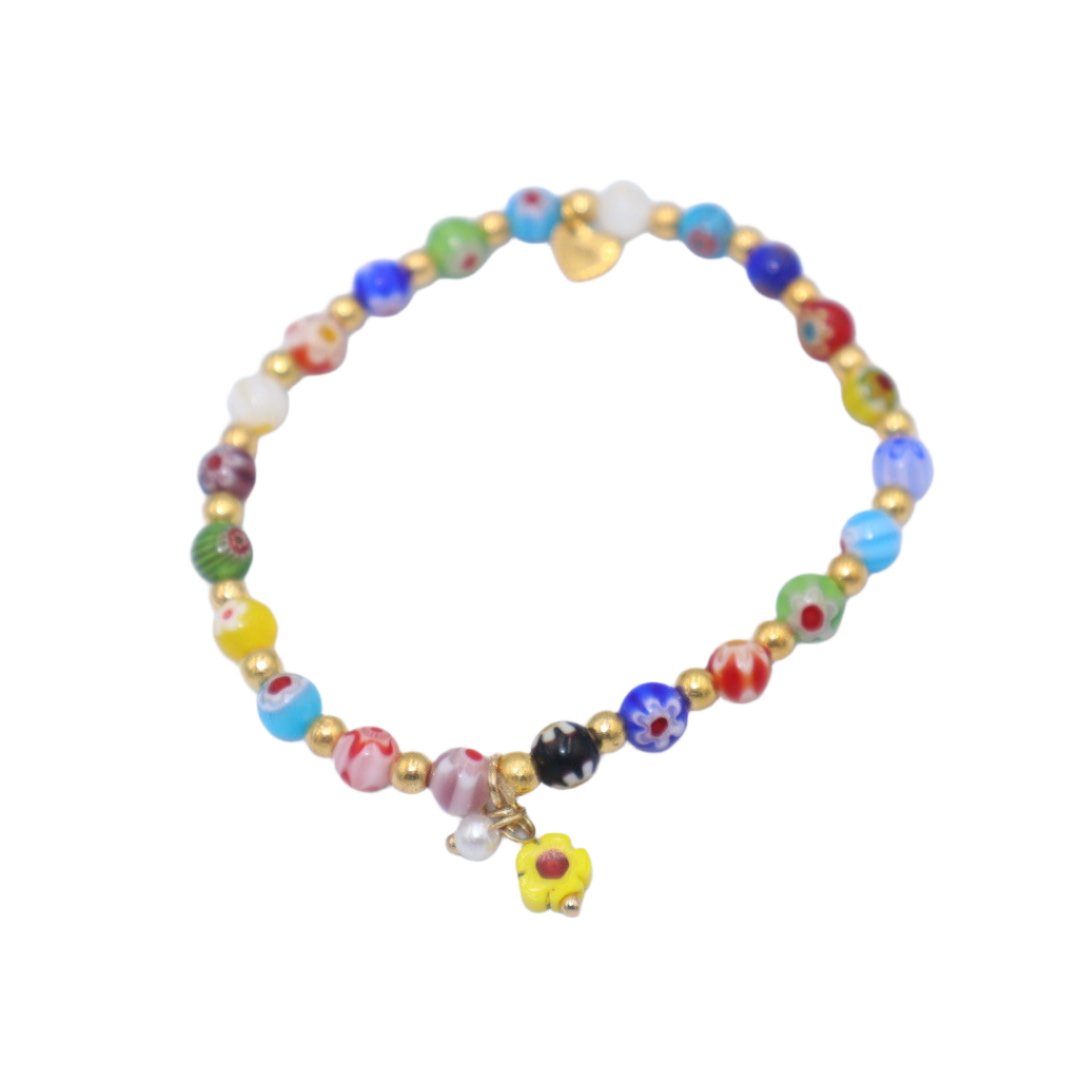 DAISY FLOWER CRYSTAL/GOLD BEADS WITH FLOWER PENDANT ELASTIC BRACELET (Copy)