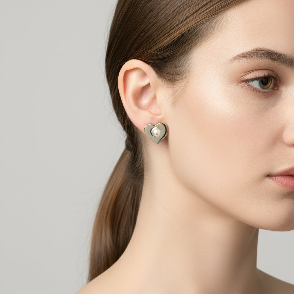 MADRE PERLA PEARL HEART STUD EARRINGS