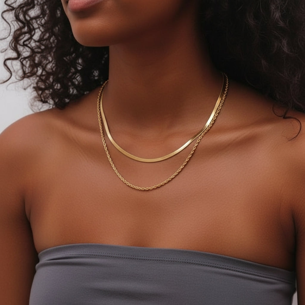 ANNIE STAINLESS STEEL DOUBLE LAYERED SNAKE AND ROPE CHAIN NECKLACE - Carol & Co Jewelry