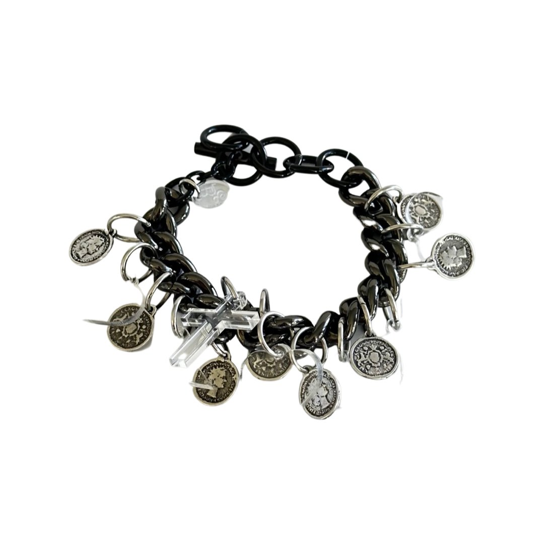 B.E. BLACK CHAIN BRACELET WITH COINS AND ACRYLIC CHARMS - Carol & Co Jewelry