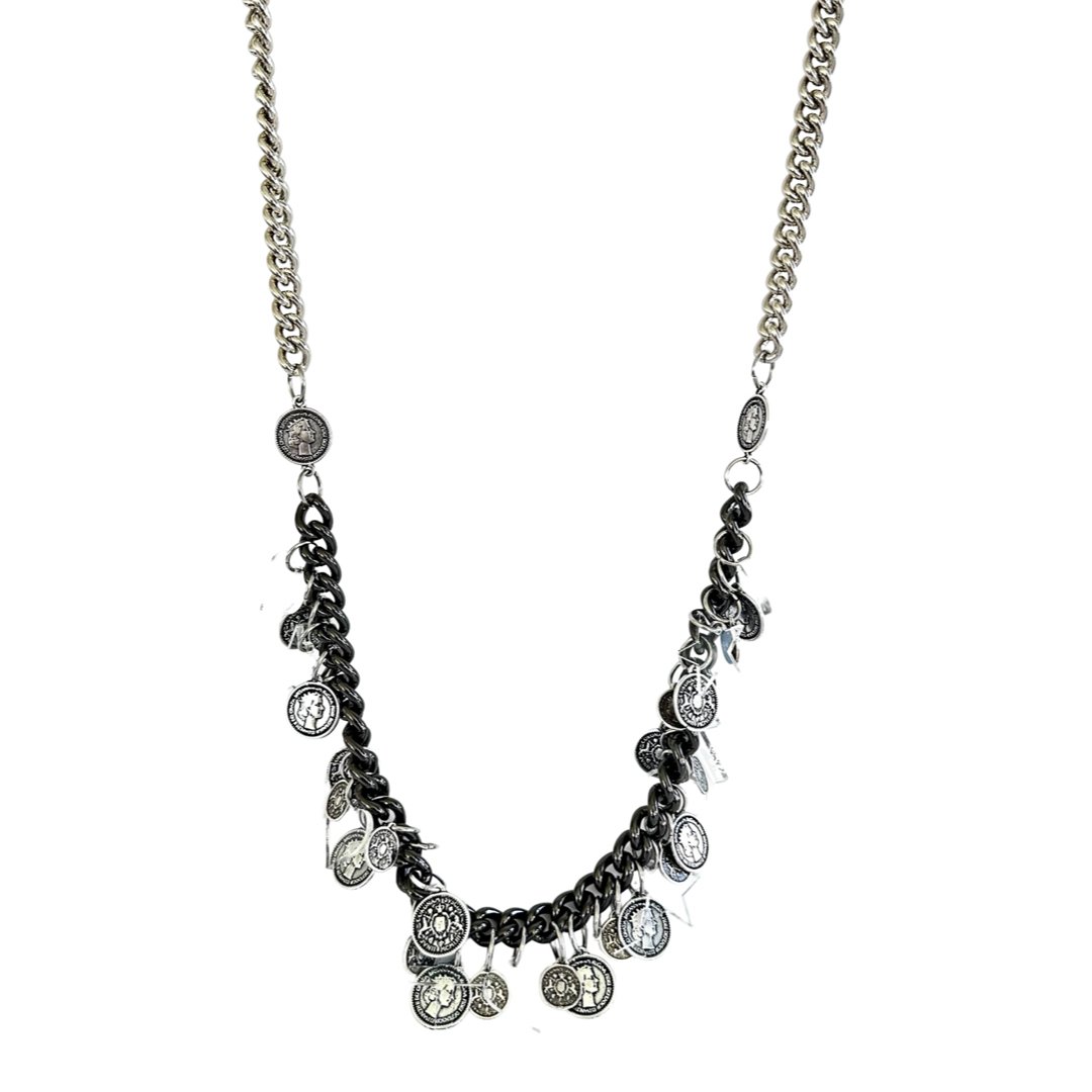 B.E. BLACK CHAIN LONG NECKLACE WITH COINS AND ACRYLIC CHARMS - Carol & Co Jewelry