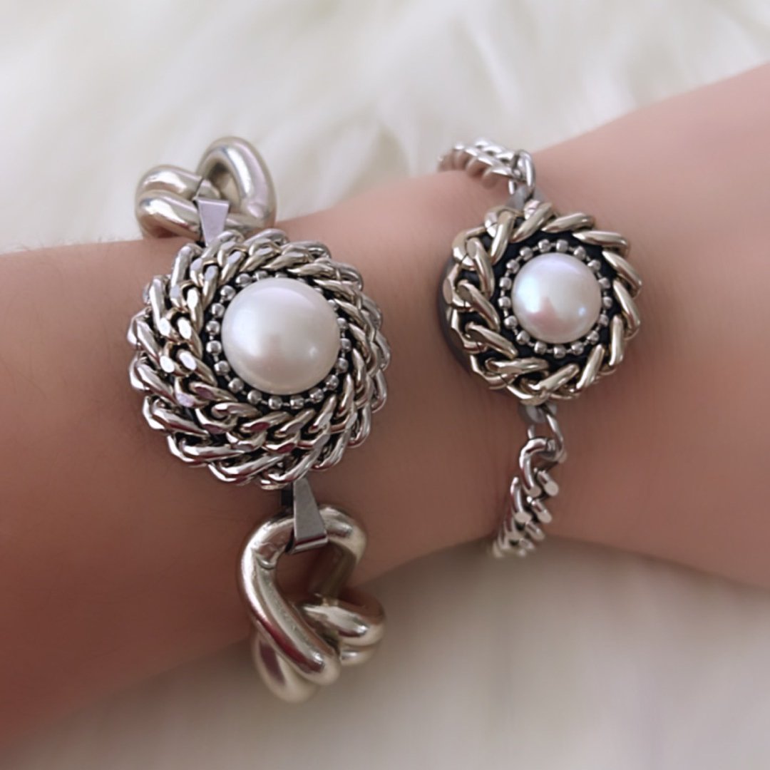 B.E. WHITE PEARL ROLO CHAIN BRACELET - Carol & Co Jewelry