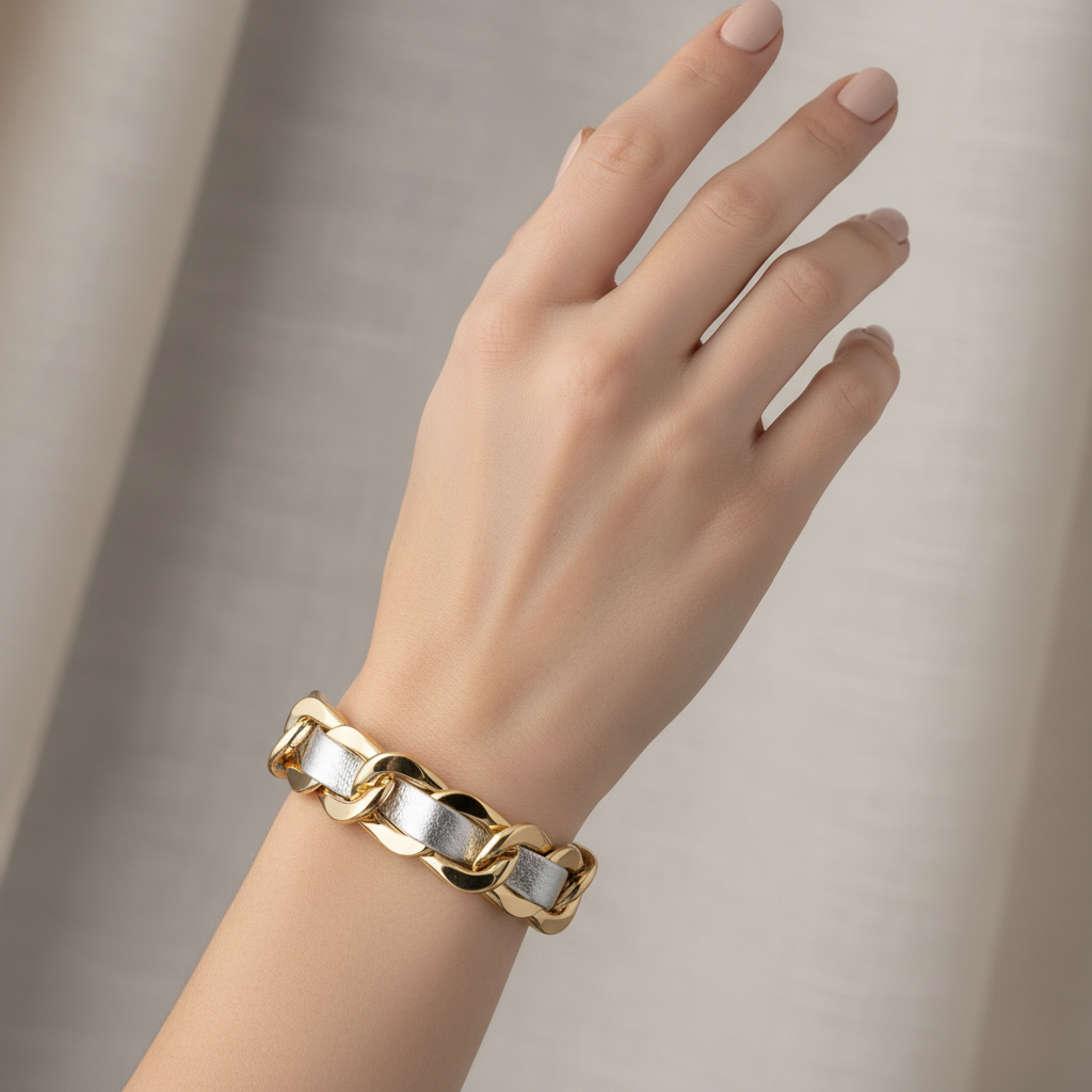 EMILIA KIPPER BRASS AND LEATHER WIDE BRAIDED BRACELET