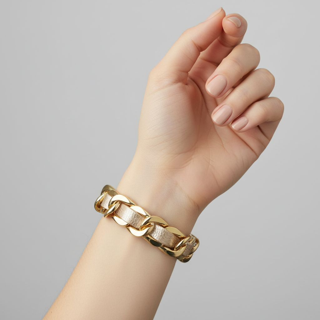 EMILIA KIPPER BRASS AND LEATHER WIDE BRAIDED BRACELET