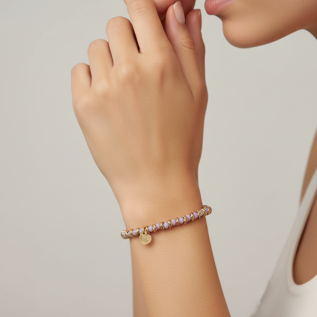 GLASS BEADS AND ALUMINUM WASHERS ELASTIC BRACELET