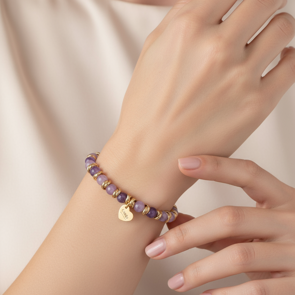 GLASS BEADS AND ALUMINUM WASHERS ELASTIC BRACELET