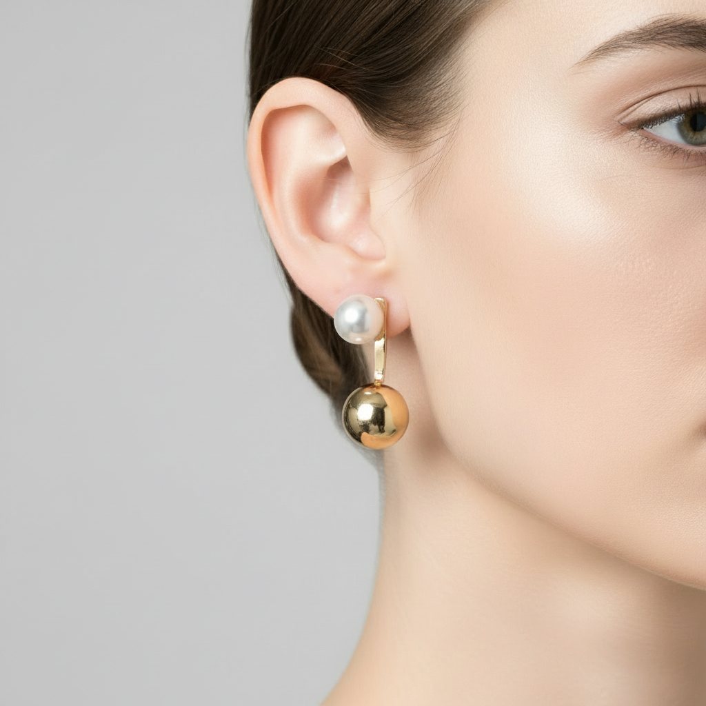 MADRE PERLA PEARL AND GOLD BALL STUD EARRINGS