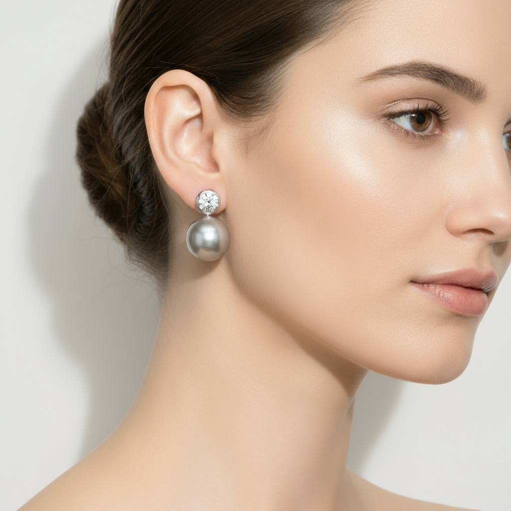 MADRE PERLA CRYSTAL GRAY PEARL CLIP EARRINGS