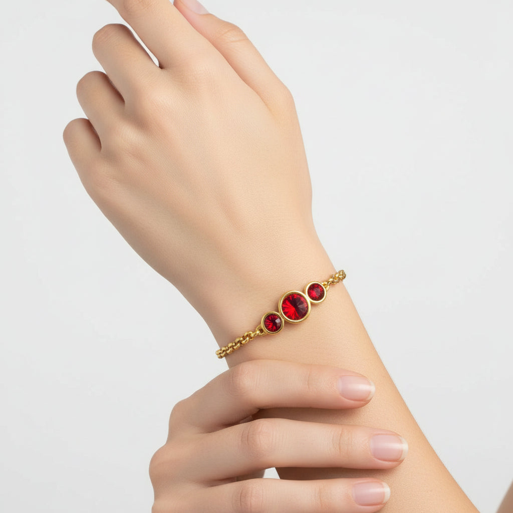 TRA-LA-RA STELAR RED CRYSTALS 24K GOLD ROLO CHAIN BRACELET - Carol & Co Jewelry